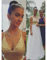 A-Line Halter Sweep Train Criss-Cross Straps White Tulle Wedding Dress with Sequins